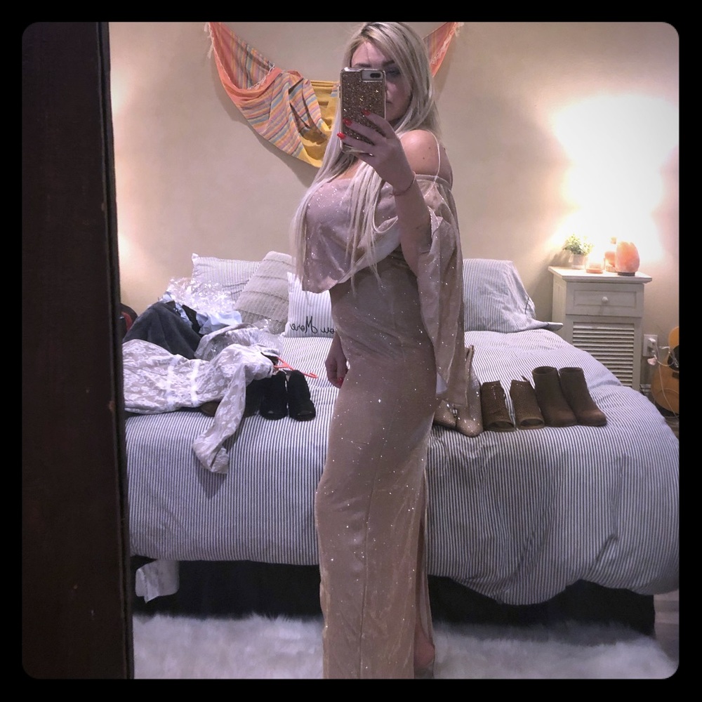 Stunning long shimmer glitter champagne gold dress